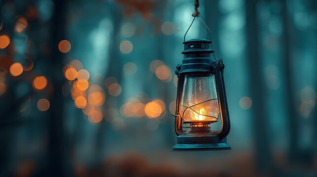 A vintage lantern hangs in a misty forest, casting a warm glow amidst soft, blurred lights and an ethereal atmosphere.
