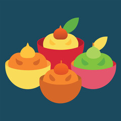 four bowls of sweets and fruits for diwali offerin.eps