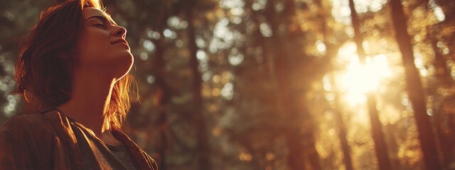 Serene woman practicing gratitude in the woods, warm golden sunlight illuminating her face, deep breathing, and spiritual connection to nature