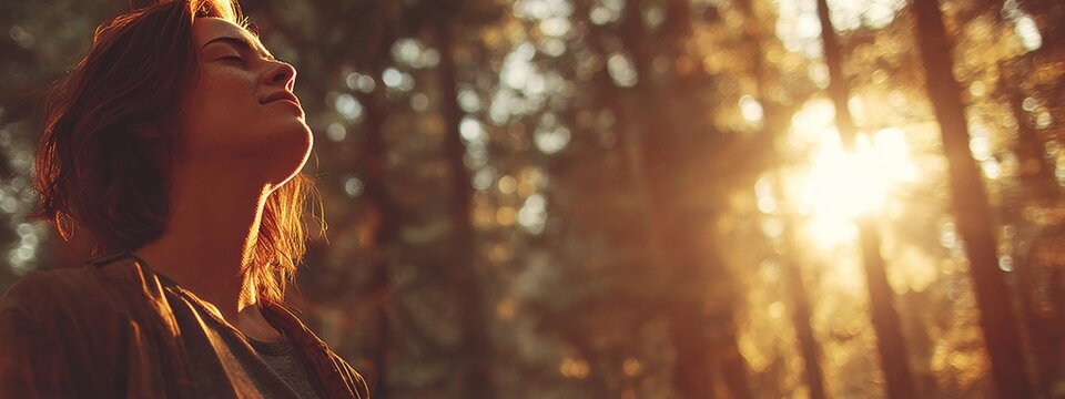 Serene woman practicing gratitude in the woods, warm golden sunlight illuminating her face, deep breathing, and spiritual connection to nature