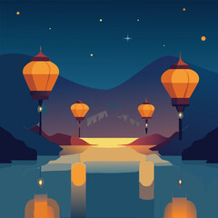four lanterns floating above a river during diwali (2).eps