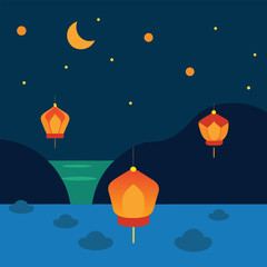 four lanterns floating above a river during diwali.eps