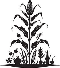 Black silhouette illustration of corn plant with pumpkins and leaves decoration