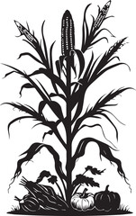 Black silhouette illustration of corn plant with pumpkins and leaves decoration