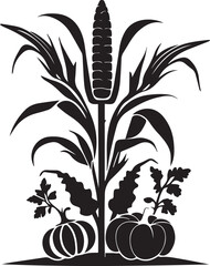 Black silhouette illustration of corn plant with pumpkins and leaves decoration