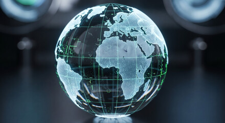 A glowing digital hologram of planet Earth representing global network connections, data visualization, and future technology