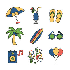 Summer vacation icon set, including beach umbrella, cocktail, flip-flops, palm tree, surfboard, sunglasses, speaker, confetti, and balloons