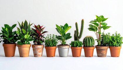 Obraz premium Assortment of Potted Green Plants and Cacti Lined Up Against a White Background