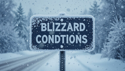 Snowy road sign indicating blizzard conditions in winter landscape  