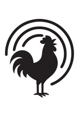 Black silhouette of a crowing rooster within concentric circles white