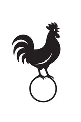 Black silhouette of a rooster standing on a circle on a white background chicken bird