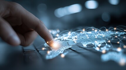 Finger Touching Glowing World Map on Keyboard: Tech Global Connection Scene