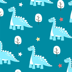 blue brontosaurus dinosaur vector cartoon seamless pattern design for kids apparel fullprint fabric © Rizki