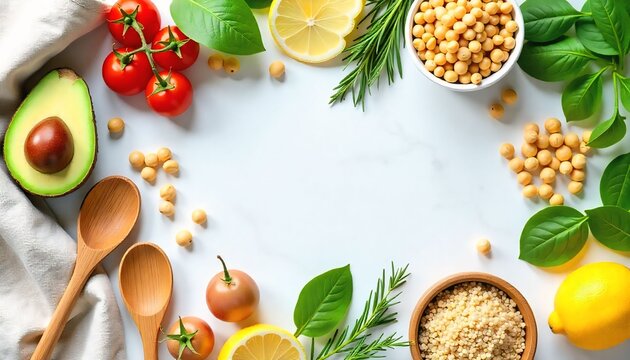 Flat lay composition of colorful fresh vegan ingredients arranged neatly on a white marble background — avocado, cherry tomatoes, spinach leaves, chickpeas, quinoa, nuts, lemon slices, and herbs. Wood - Powered by Adobe