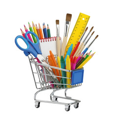 Illustration of shopping cart full of school supplies isolated on transparent background