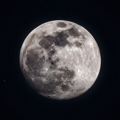 Naklejka premium Detailed Full Moon Surface with Craters and Dark Regions in Space.