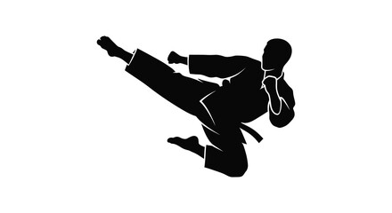 Dynamic silhouette of a martial artist performing a powerful high kick in a karate gi silhouette