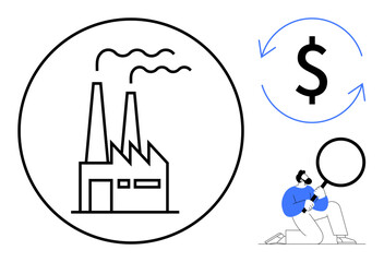 Factory icon emitting smoke, circular dollar symbol with arrows, individual with magnifying glass. Ideal for industry, economics, finance, analysis, sustainability, business strategy environmental
