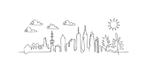 Continuous line drawing of a cityscape with sun and clouds