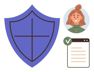 Blue shield symbolizes security, user portrait suggests identity, and a checklist with a green checkmark implies compliance. Ideal for cybersecurity, privacy, verification, trust, protection, safety
