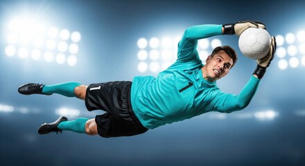 Goalkeeper making a spectacular diving save under stadium lights
