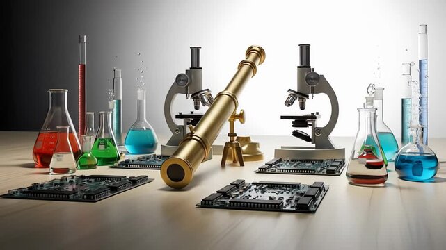 Science Lab: Microscopes Telescope Circuit Boards and Colorful Chemical Solutions.