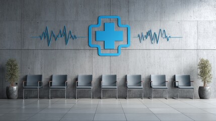 Modern clinic waiting space with blue cross emblem, ECG line wall art, six empty chairs aligned, professional medical atmosphere