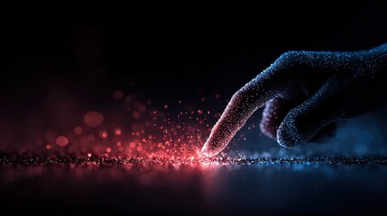 Particle Finger Touching Red-Blue Glowing Interface: Tech Interaction Scene