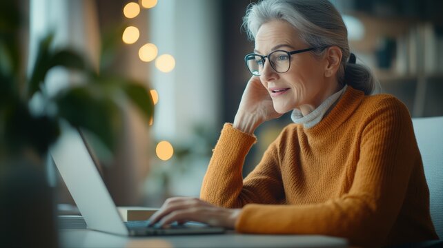 Mature senior woman with eyeglasses engages in focused remote work on her laptop from home, enjoying comfortable digital learning lifestyle with sense of calm.