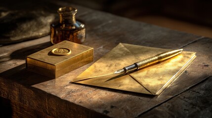 Golden Letter - Vintage Inkwell, Pen, and Wax Seal on Rustic Wooden Desk in Warm Light.
