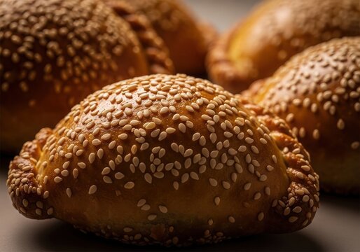 Freshly baked sesame seed pastries with golden crust closeup on table - Powered by Adobe
