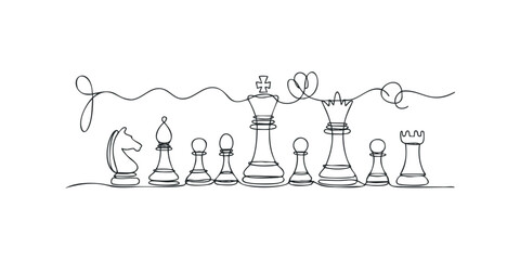 Continuous line drawing of chess pieces arranged in a row