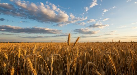 Golden wheat field under a blue sky with clouds at sunset or sunrise