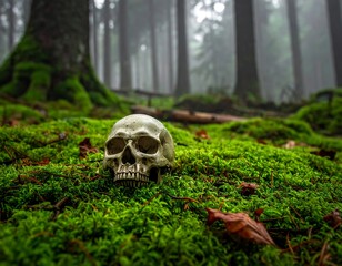 A skull rests on vibrant green moss in a misty forest