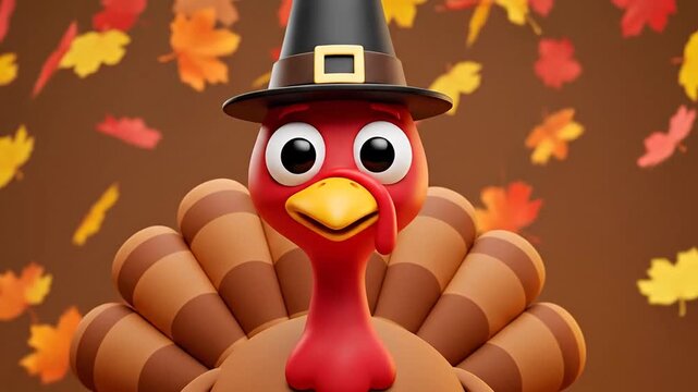 Cartoon turkey wearing pilgrim hat with falling autumn leaves