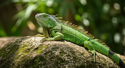 Fototapeta premium Green iguana resting on rock detailed wildlife portrait with natural habitat