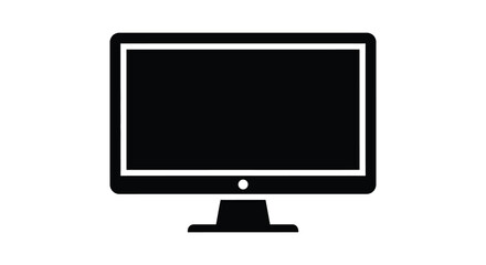 A simple black silhouette of a modern computer monitor with a stand on a white background
