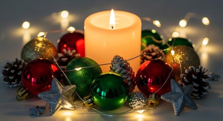 A lit candle surrounded by festive Christmas ornaments and twinkling lights.
