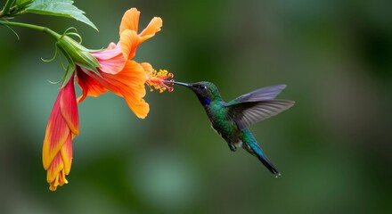 Hummingbird feeding on vibrant orange flower against blurred natural backdrop