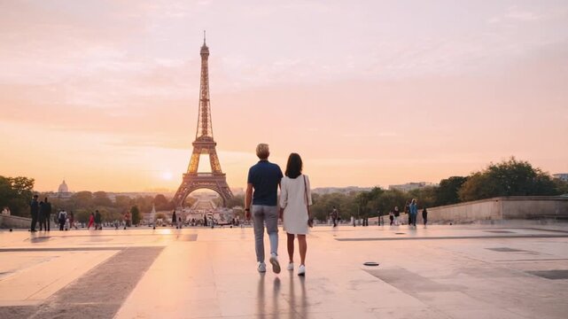 Romantic Stroll in Paris: A couple strolls hand-in-hand towards the iconic Eiffel Tower as the warm hues of sunset paint the Parisian sky.