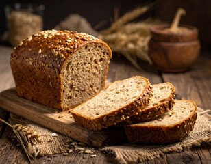 A sliced loaf of rustic bread with grains, on a wooden board