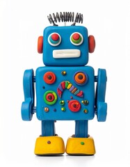 Fototapeta premium Blue funny Robot molded from plasticine modeling clay isolated on white background