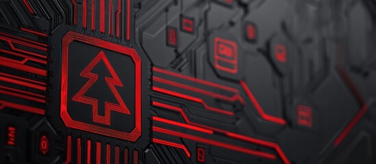 Abstract circuit board with red glowing lines and a tree symbol.