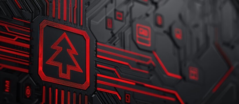 Abstract circuit board with red glowing lines and a tree symbol.
