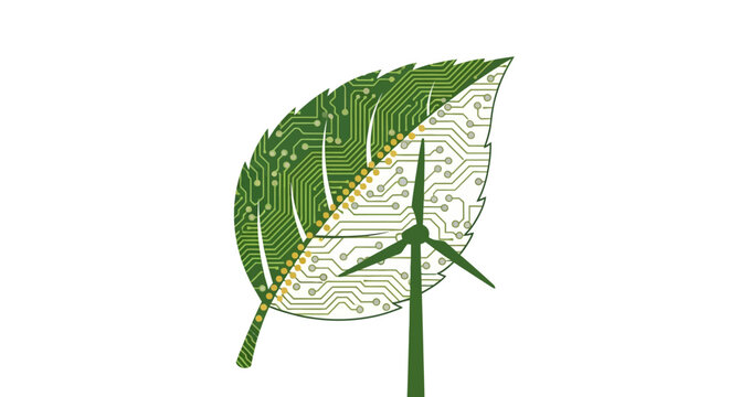 Eco-friendly technology concept with green leaf and windmill design for sustainable energy solutions and environmental awareness campaigns, promoting innovation