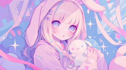 Fototapeta premium anime girl soft pastel bunny hoodie pink cheek