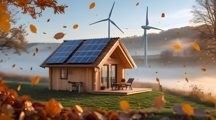 Eco Cottage in Autumn Valley with Solar Panels and Wind Turbine – Peaceful Sustainable Living Scene