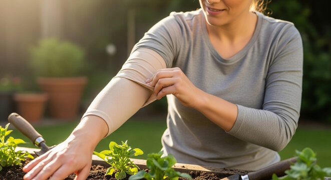 Woman managing arm pain with an orthopedic compression sleeve finds therapeutic relief and recovery while gardening in a sunlit garden