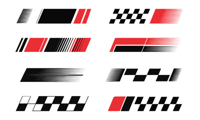 Racing Stripes Vector Set,  Dynamic sport car wrap designs, checkered patterns, speed lines, and modern geometric decals for automotive customization, motorsport graphics, and high-performance vehicle