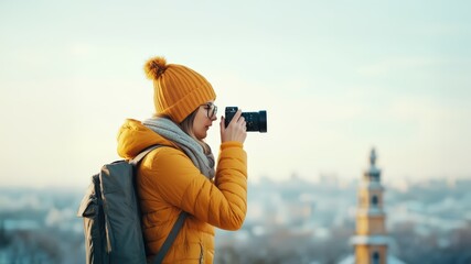 Obraz premium Passionate female photographer in bright yellow winter jacket and beanie captures stunning urban cityscape views while traveling and exploring on cold day
